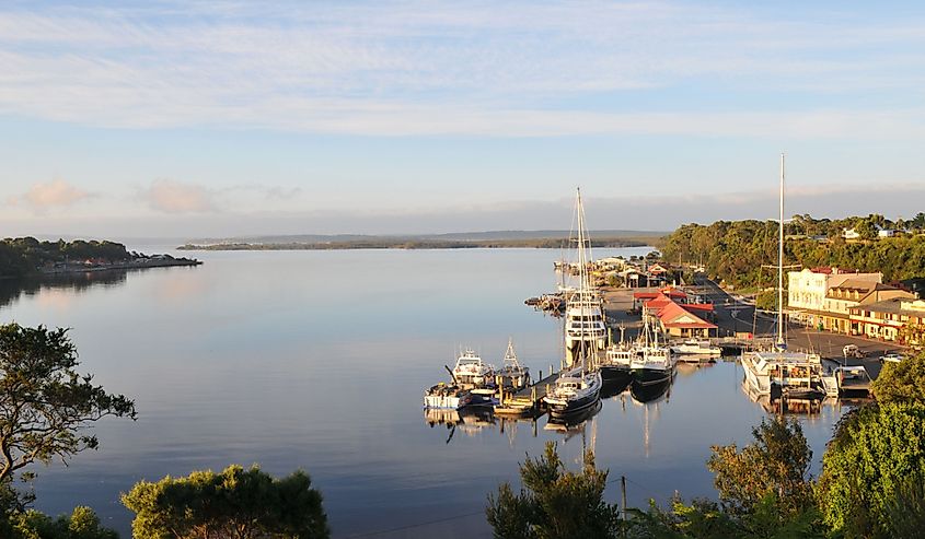 The harbor in Strahan Village, Tasmania.