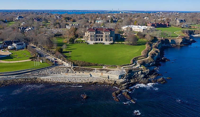 aerial view of mansion in Italian Renaissance design built in 1895, with the ocean in the forefront