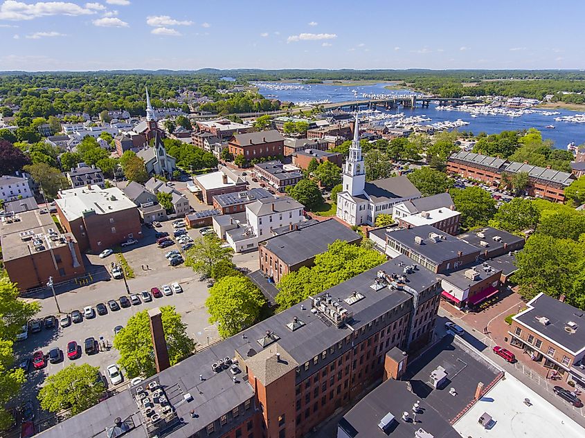 Newburyport historic downtown including State Street and First Religious Society Unitarian Universalist Church with Merrimack River at the background aerial view, Newburyport, Massachusetts,