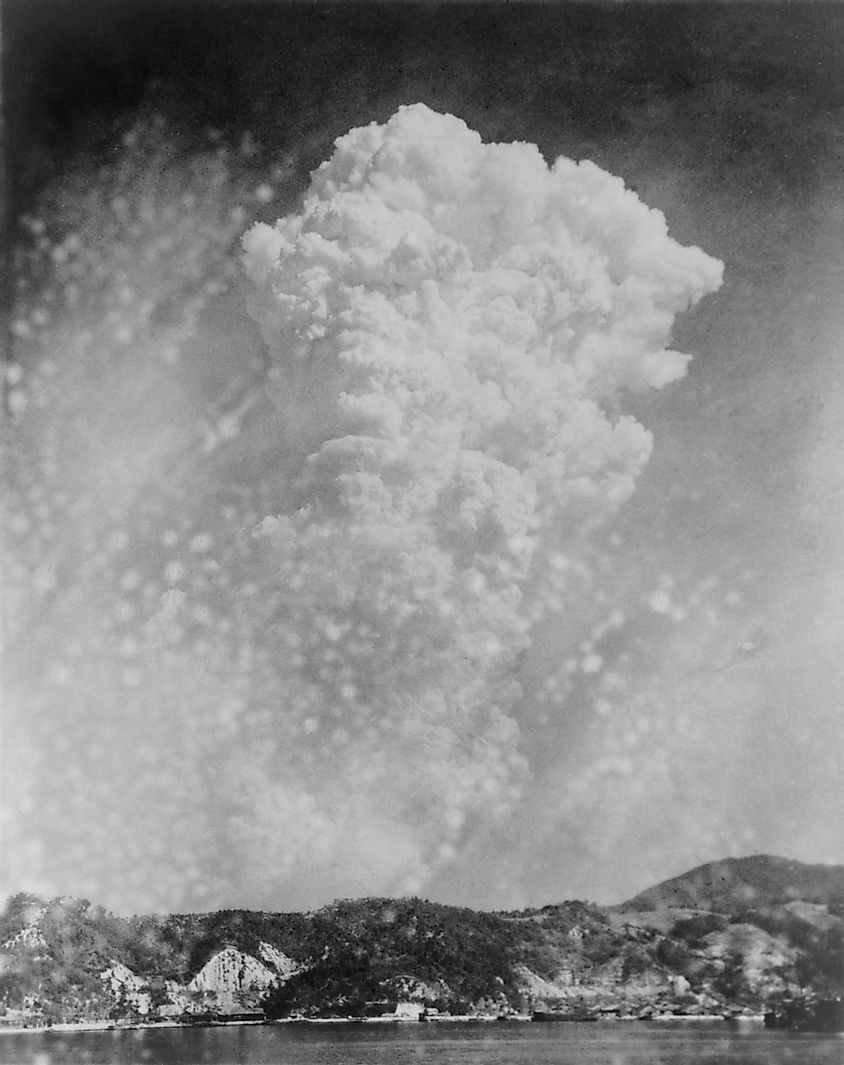 Photo of Hiroshima bomb explosion from a photo taken in Kure, Japan. August 6, 1945.