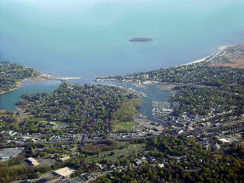 Aerial view of Milford city center and harbor