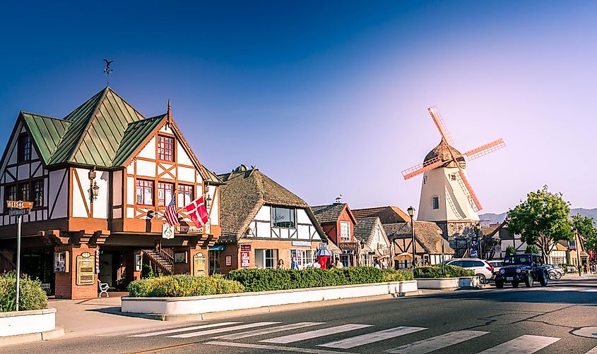 Solvang city view, Main street. The architecture of many of the façades and buildings of bakeries, restaurants, merchants, windmill reflects traditional Danish style