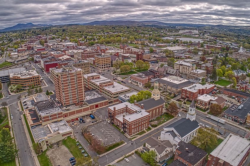 Aerial view of Downtown Pittsfield, Massachusetts on a cloudy spring day. 