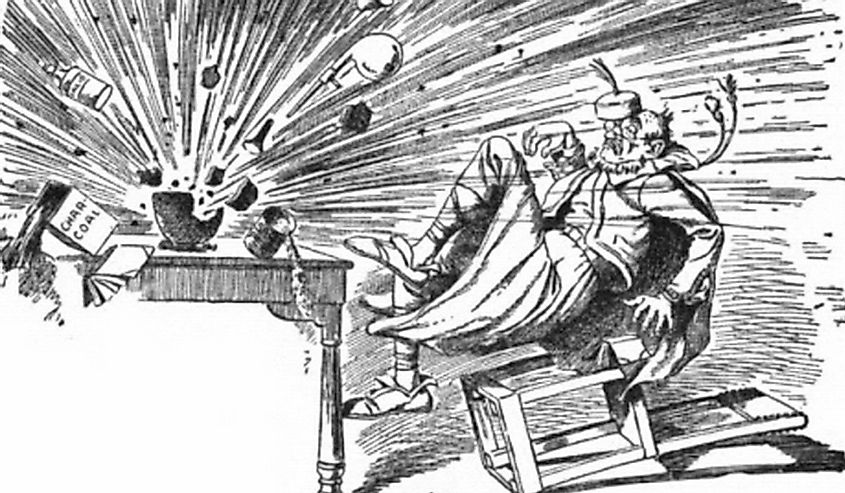 A sketch of Roger Bacon discovering gunpowder