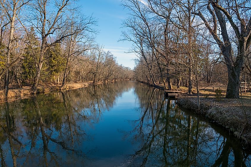 A scenic view of the Delaware Raritan Canal part of the State Park in Griggstown New Jersey.