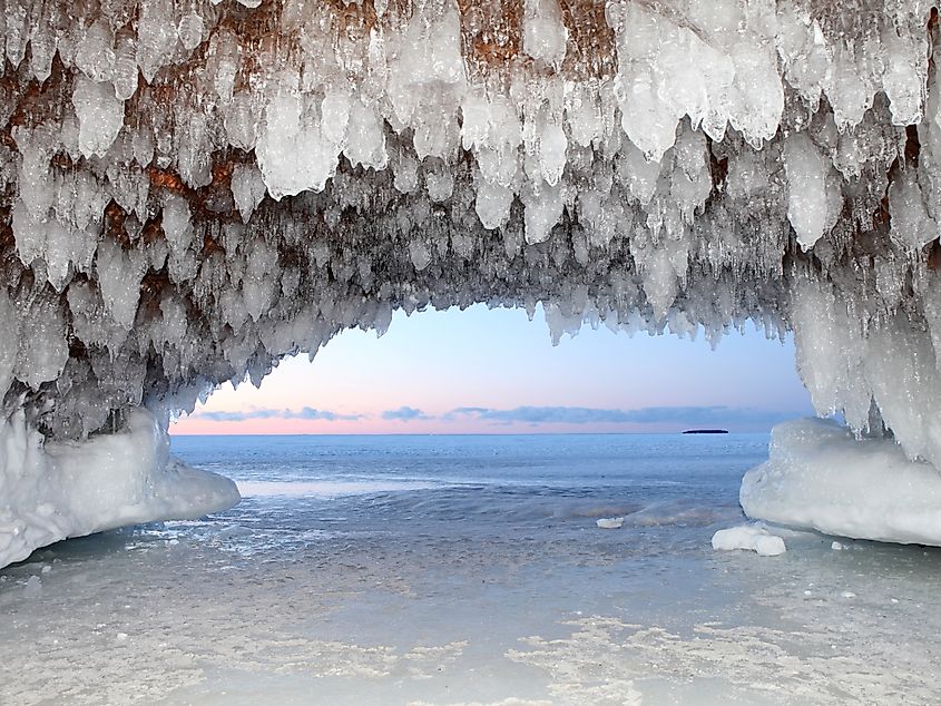 Apostle Island Ice Cave at dusk on the shore of Lake Superior.