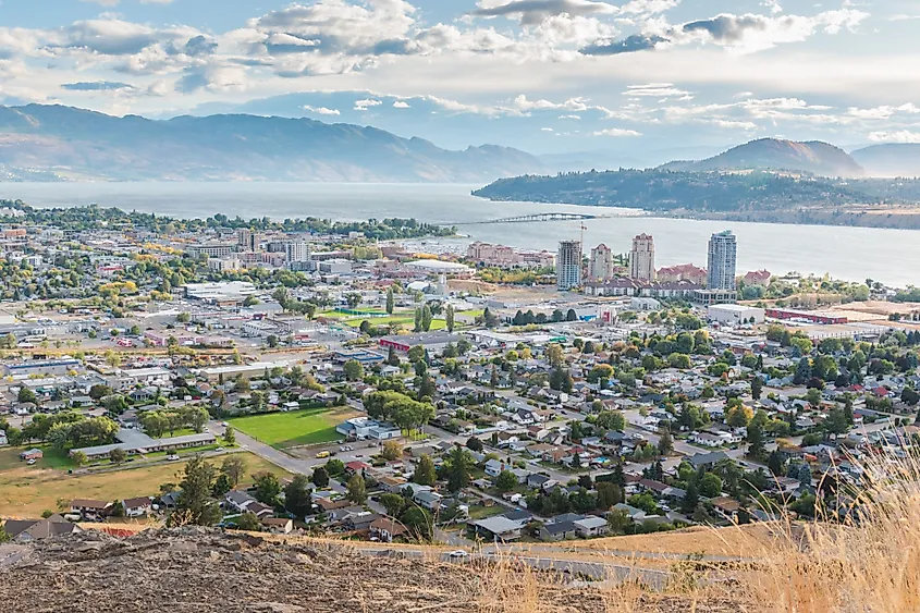 Aerial view of downtown Kelowna and Okanagan Lake from Knox Mountain