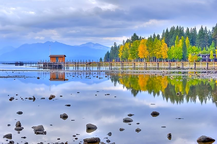 Trees along Lake Tahoe's shoreline dipslay fall colors.