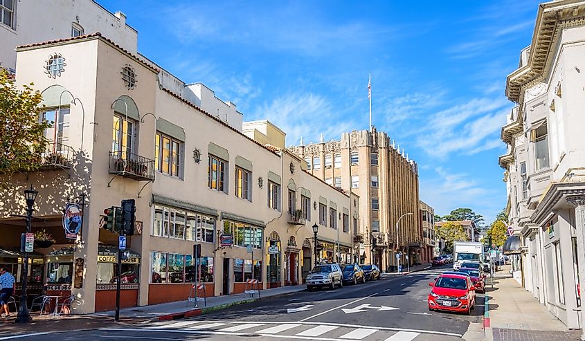 View of Franklin Street in Historic downtown on a sunny morning. Downtown Monterey features a variety of dining options, retail stores, and entertainment.