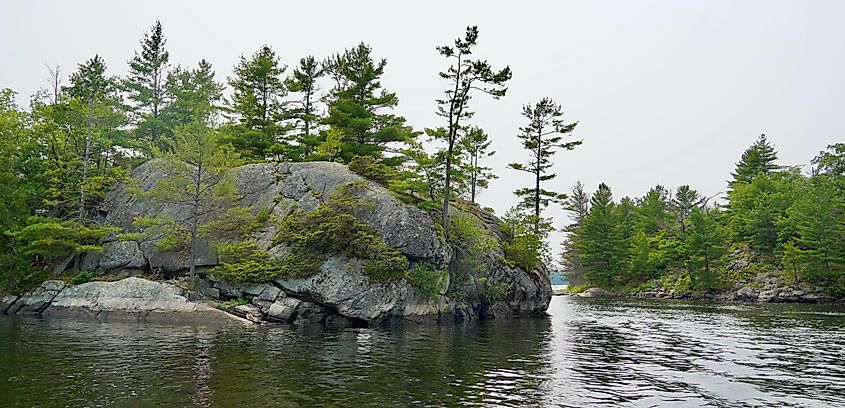 Granite islands and pine trees in the Massasauga Provincial Park, Georgian Bay Ontario