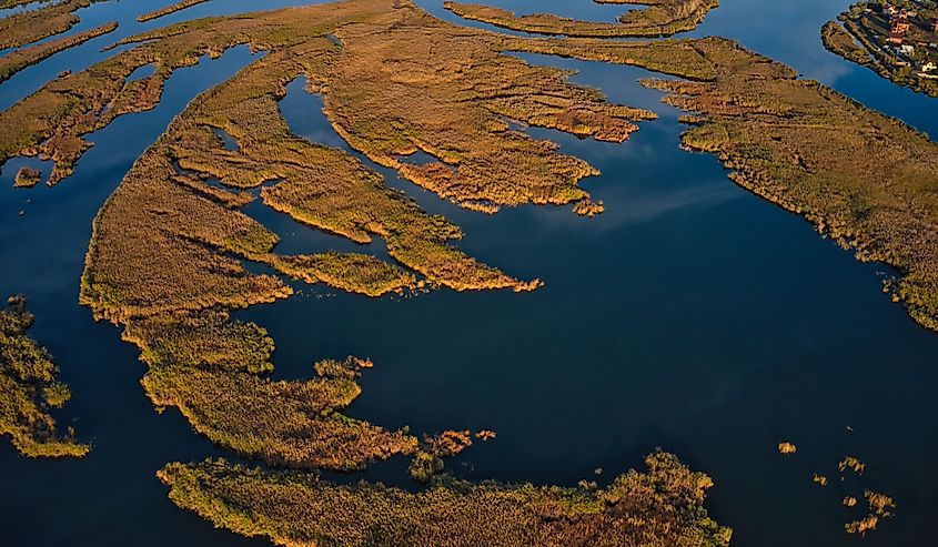 Irresistible floods on the Samara River on the Dnieper in Ukraine in the evening warm bright light