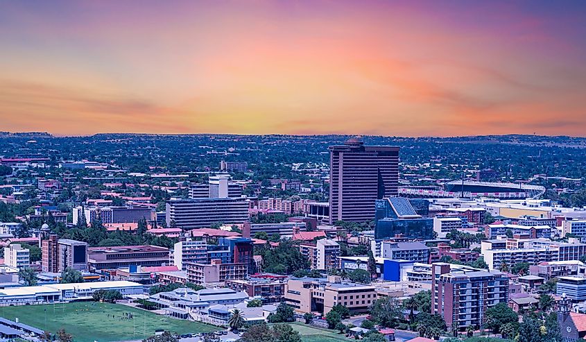 Panoramic aerial view of Bloemfontein city twilight in Free State South Africa