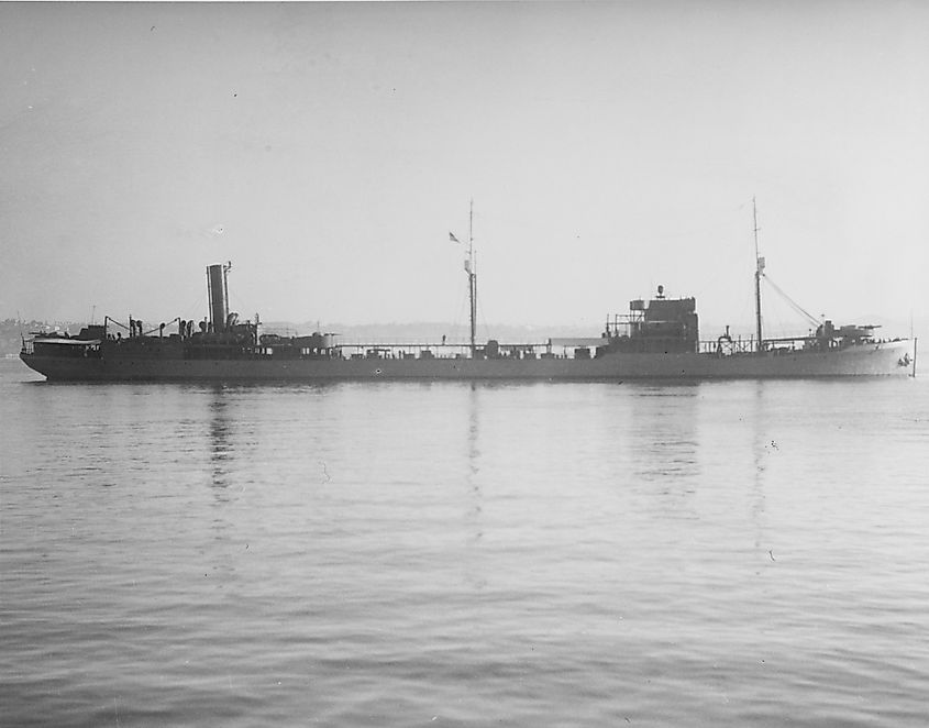 The USS Ramapo silhouetted against the early morning sunshine, circa mid-1941.
