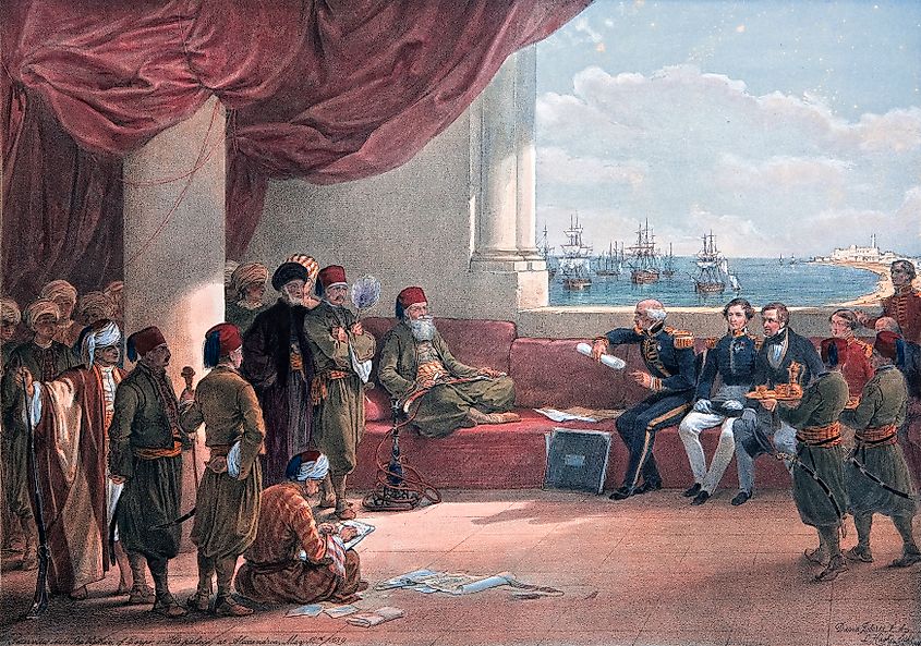 Muhammad Ali receiving foreign guests at his palace in Alexandria, Egypt.