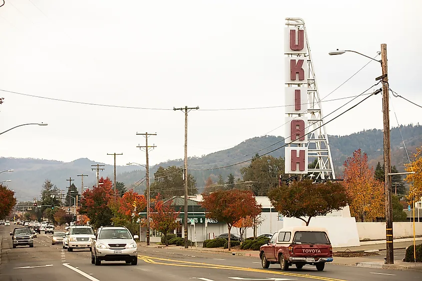 Ukiah, California: Cloudy autumn light shines on the historic Ukiah theater sign