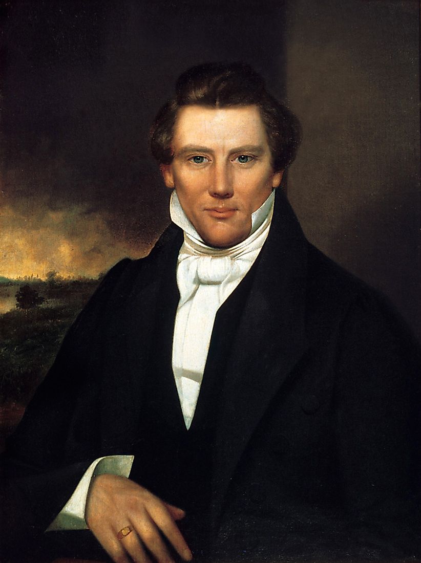 Painting of Joseph Smith. Painting by an unknown painter, circa 1842. The original is owned by the Community of Christ archives. It is on display at the Community of Christ headquarters in Independence Missouri, where its provenance is explained. 