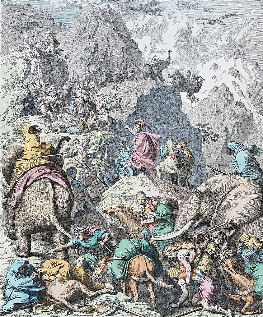 A 19th century illustration of Hannibal and his army crossing the Alps, by Heinrich Leutemann