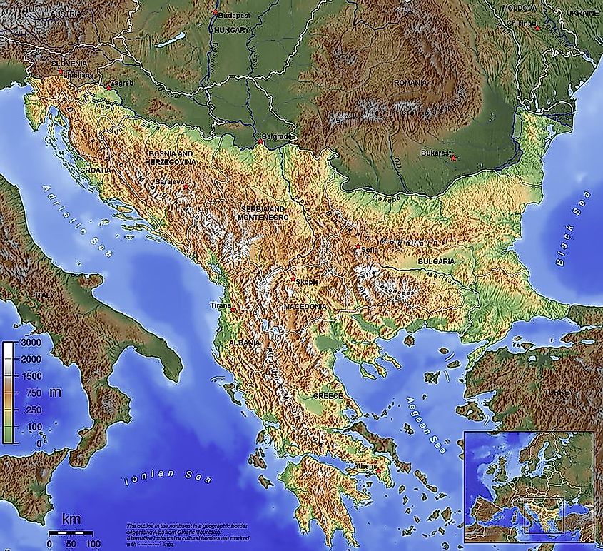 Balkan Peninsula bordering the Adriatic Sea
