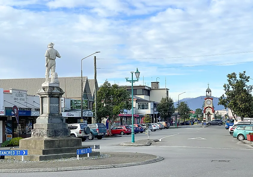 The Main Street of Hokitika, New Zealand, on a winter afternoon