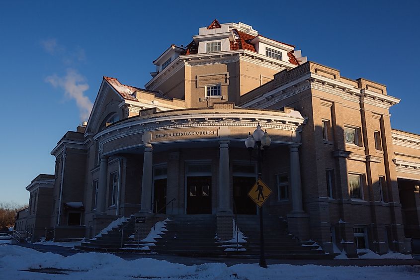 Sunlight on First Christian Church in historic downtown Fulton.
