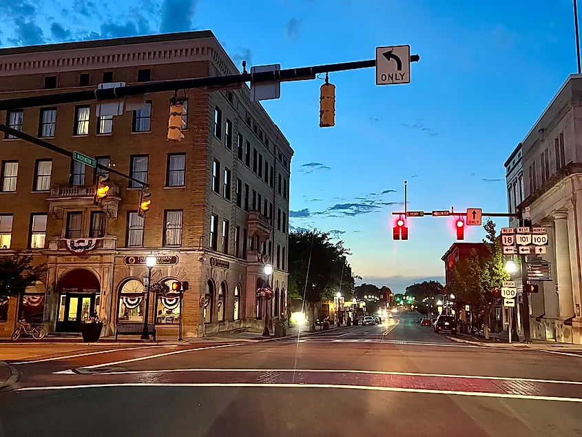 Downtown Tiffin, Ohio as seen from the intersection of S. Washington St. and E. Perry St.