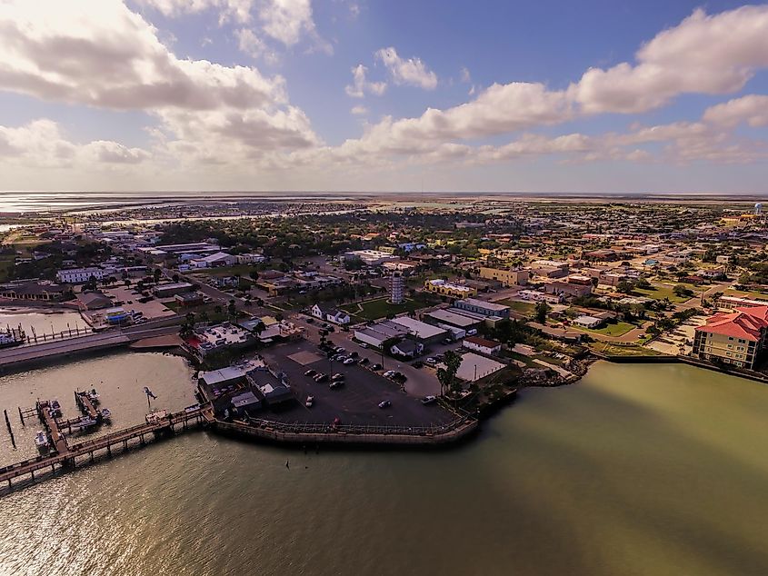 Aerial drone cityscape of Port Isabell on the Texas Gulf coast