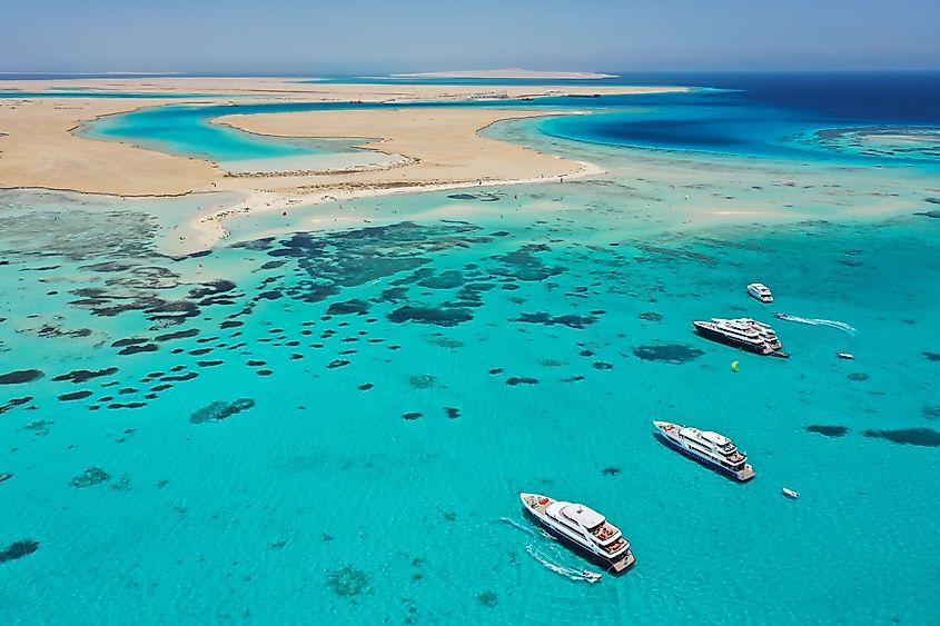 Aerial view: Luxury Yachts in front of Tawila island in the Red Sea, Egypt
