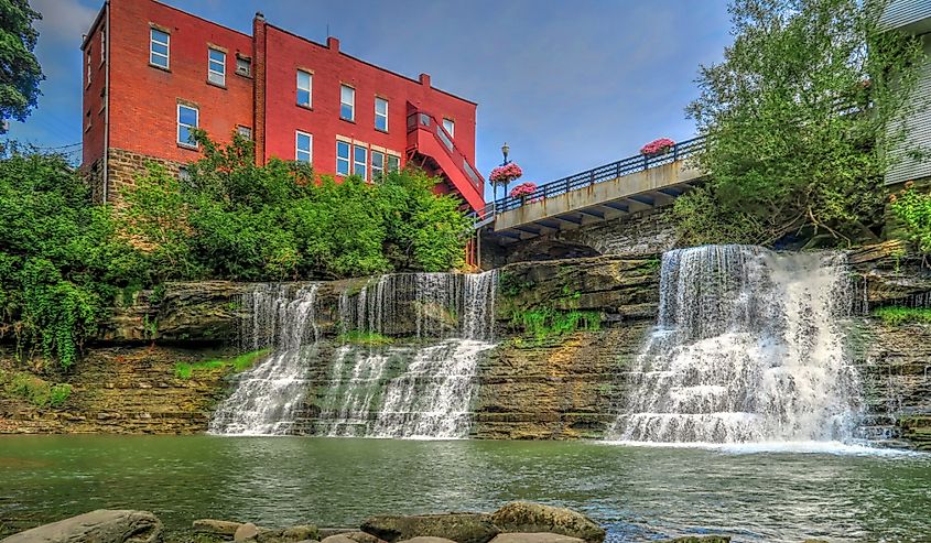 Chagrin Falls Ohio Big Falls Main Street Bridge and Historic Red Brick Building