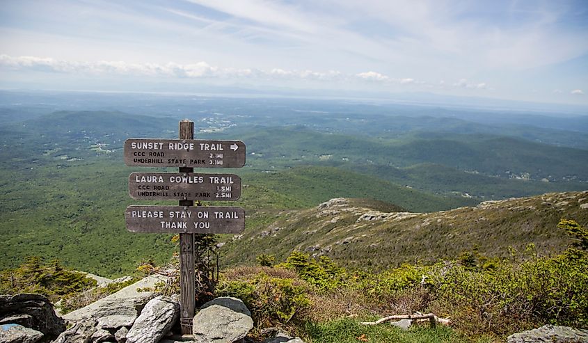 Wide angle landscape shots from a mountain hike in North America. Mount Mansfield with an arctic tundra peak, the highest mountain in Vermont, in the spring and summer on a beautiful sunny day.