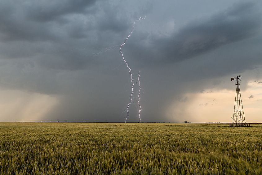 Lightning over ripening wheat fields near Dighton, Kansas. Via Shutterstock / Eugene R Thieszen