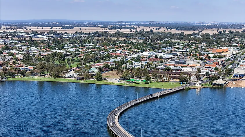 Aerial view of Yarrawonga along the shores of Lake Mulwala.