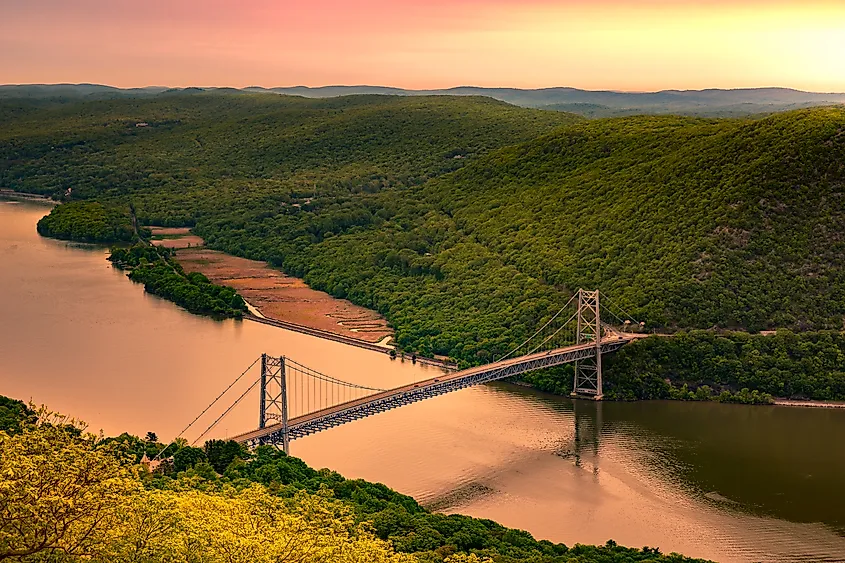 Aerial view of Bear Mountain Bridge.