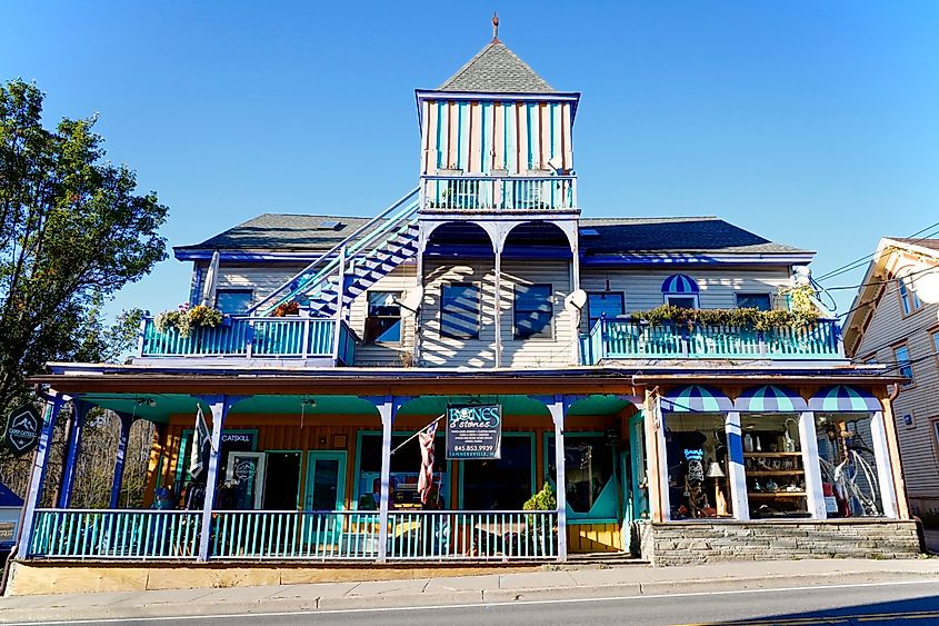 Tannersville, NY, USA - Oct. 5, 2025: Spurred by the multi colored pastels of its downtown buildings, the Catskills village of Tannersville has become a favorite seasonal destination for tourists. 