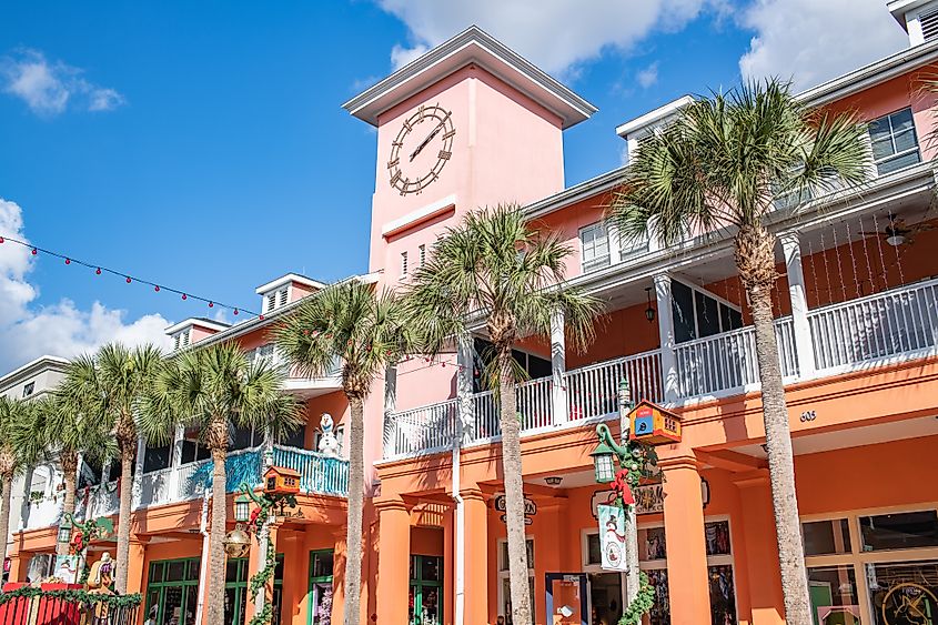 Celebration, Florida: December 31, 2021: The Downtown Celebration, Florida area in the daytime on a sunny day. The population of Celebration, Florida is 11,077.
