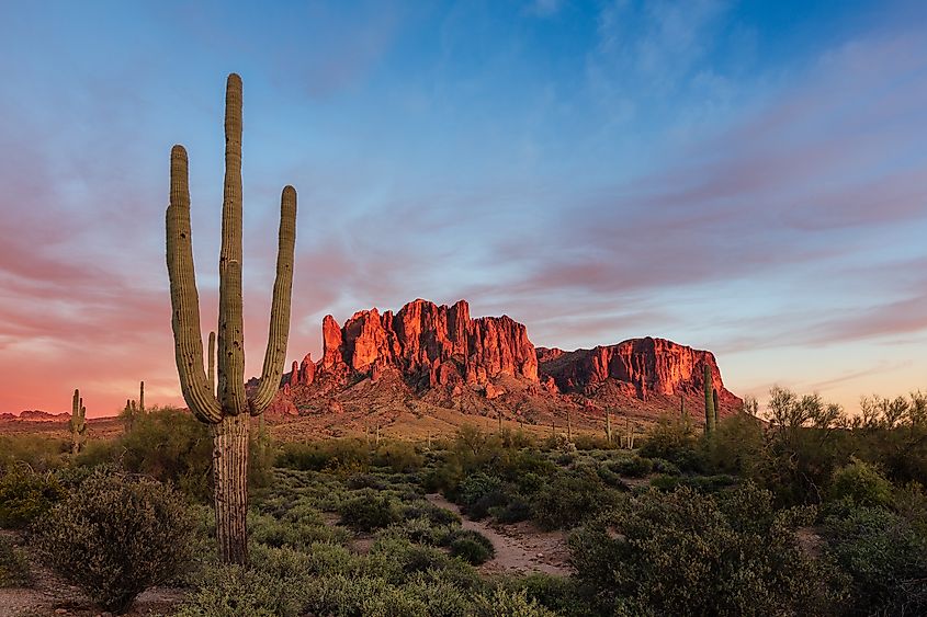 The Superstition Mountains at sunset in Lost Dutchman State Park, Arizona. 