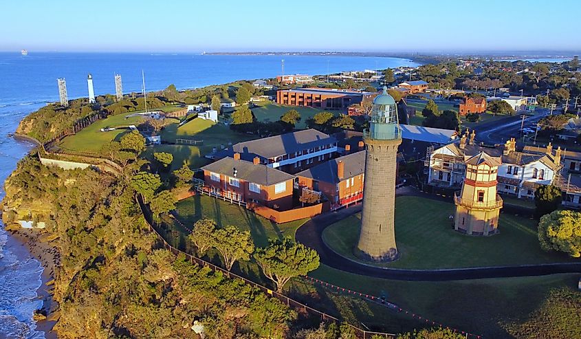 Aerial view of the Fort Queenscliff Lighthouse, Victoria, Australia.