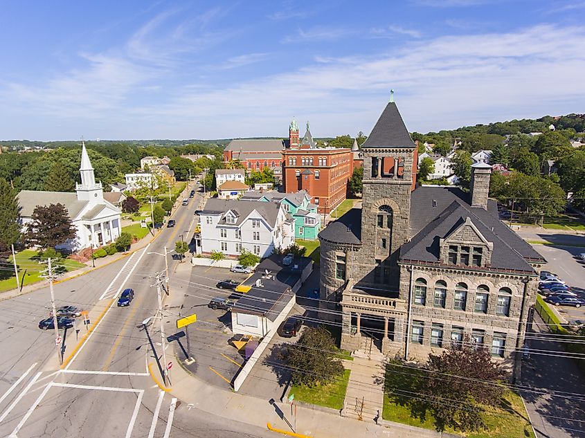 Woonsocket District Courthouse aerial view in downtown Woonsocket, Rhode Island RI, USA.