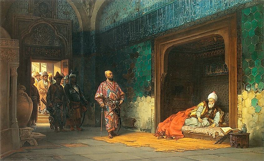19th century painting depicting Bayezid I being held captive by Timur.