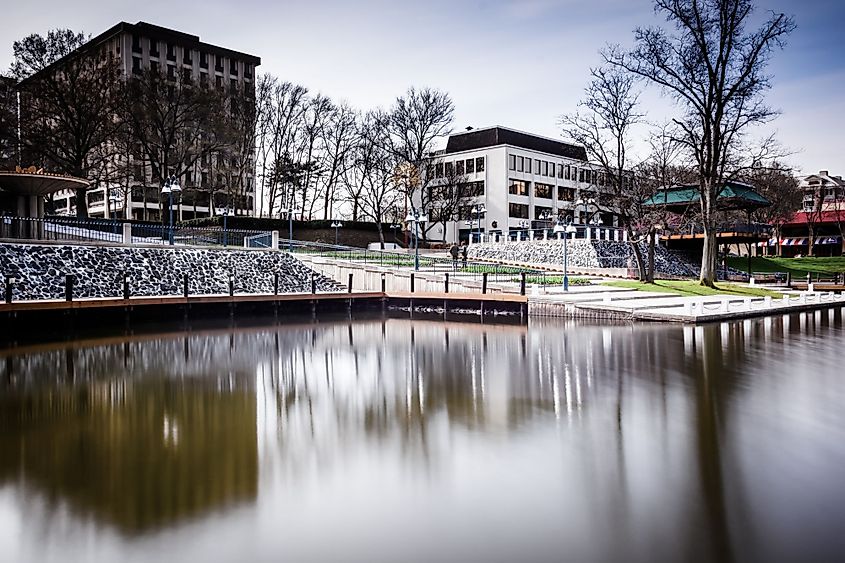 Buildings along the shore of Lake Kittamaqundi in Columbia, Maryland