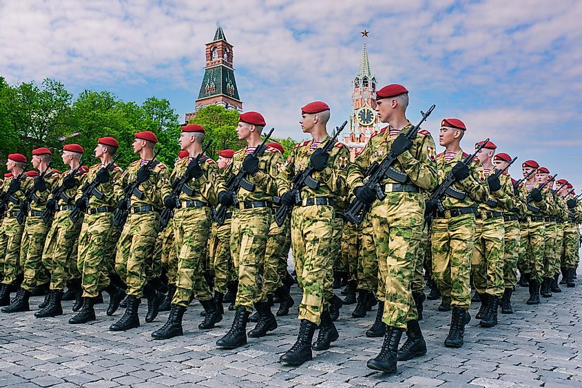 Victory Parade on Red Square in Moscow. The Russian army in red berets and green uniforms