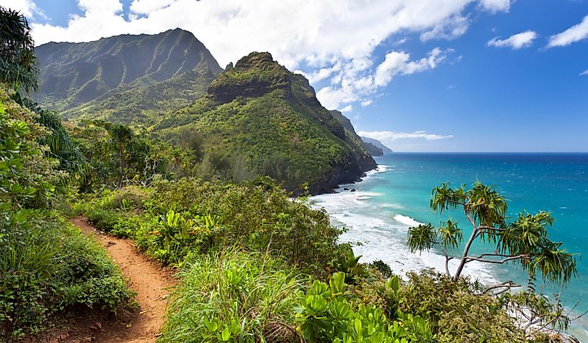 View along the Na Pali Coast from the Kalalau Trail in Kauai, Hawaii.