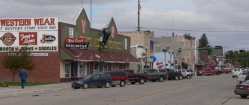 Downtown Valentine, Nebraska: View of the west side of Main Street, looking towards the northwest from approximately 1st Street.