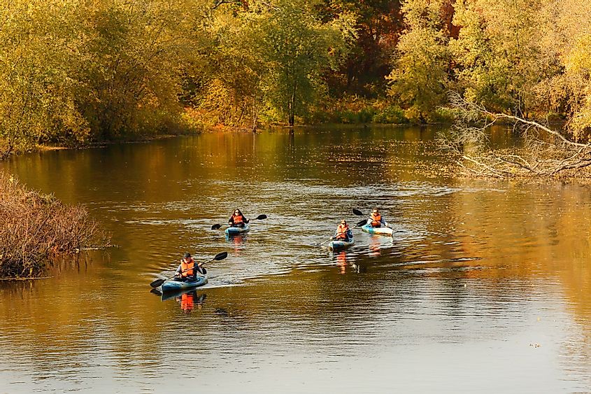 Tourists kayaking on the Concord River at Concord, Massachusetts