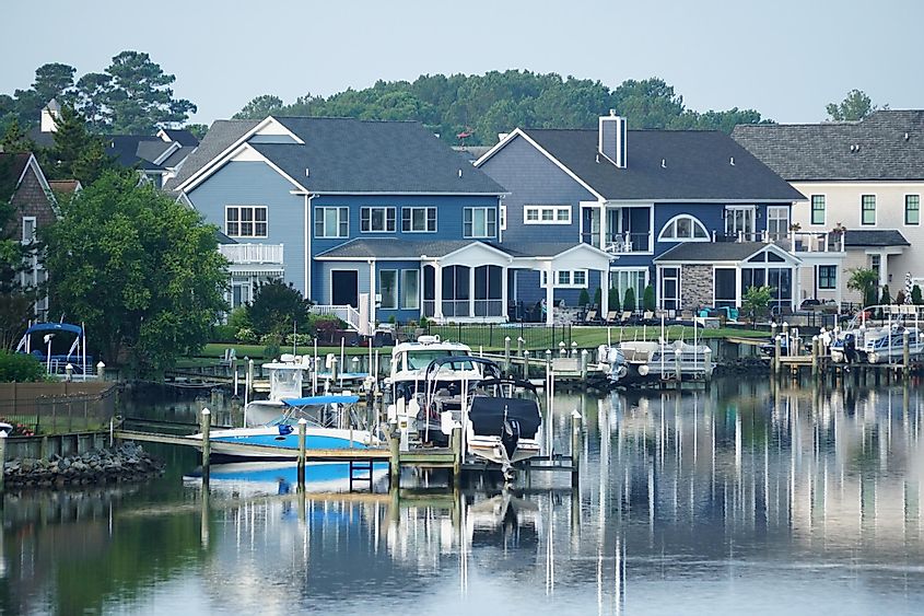 View of luxury waterfront homes by the bay near Rehoboth Beach, Delaware.