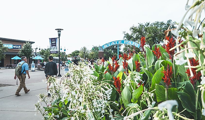 West entrance with a beautiful garden at the Minnesota State Fair in Falcon Heights, Minnesota