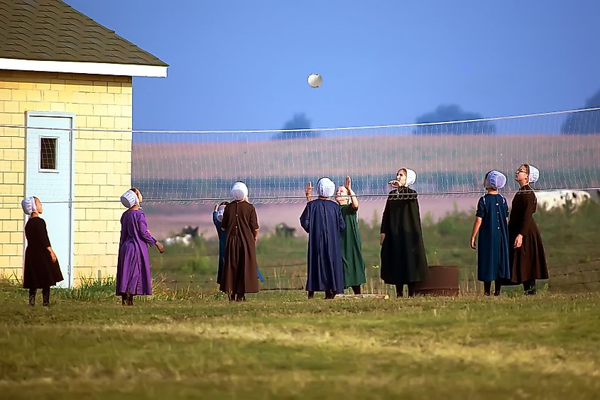 Amish girls playing volleyball in Shipshewana, Indian
