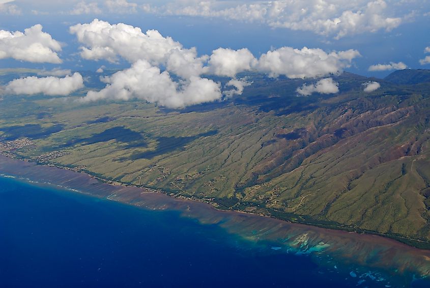 Aerial view of south coast of Molokai from Kawela to Kaunakakai