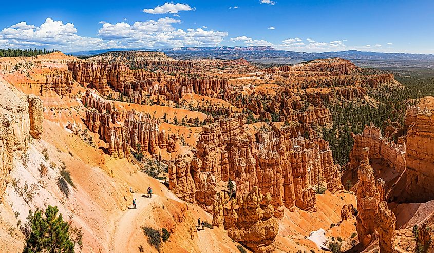 Scenic panoramic view of famous Bryce Canyon National Park on a beautiful sunny day with blue sky and dramatic clouds seen from famous Sunset Point in summer, Utah