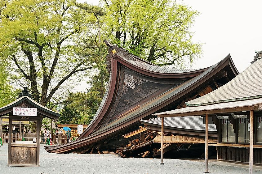 Collapse of Aso shrine from Kumamoto earthquake, Japan