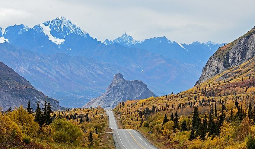 The Glenn Highway in Alaska looking west towards Lions Head and the Chugach Mountains